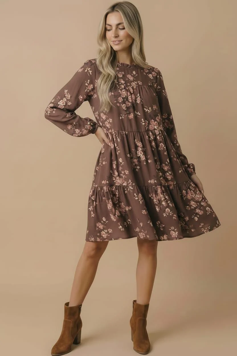 Brown Floral Tiered Mini Dress with Long Sleeves - Image 3