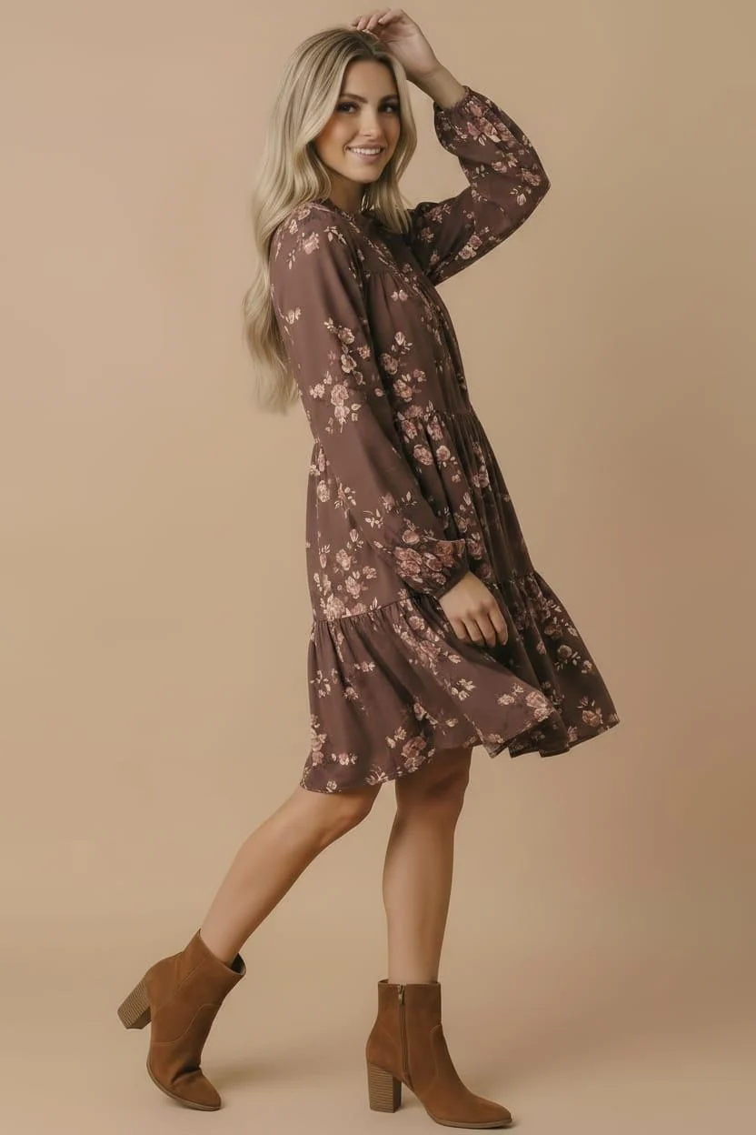 Brown Floral Tiered Mini Dress with Long Sleeves - Image 4