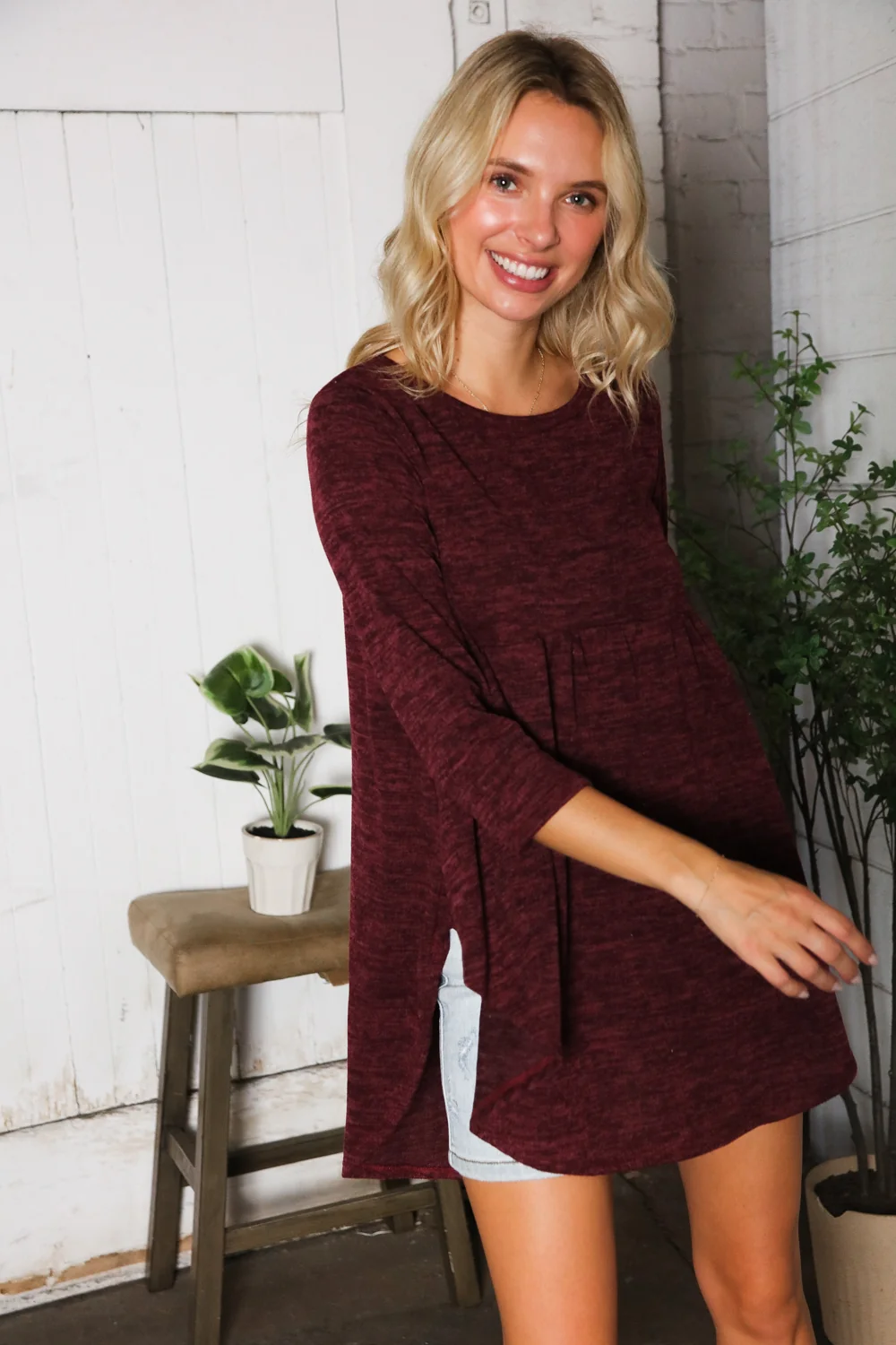 Burgundy Marled Babydoll Top - Image 4
