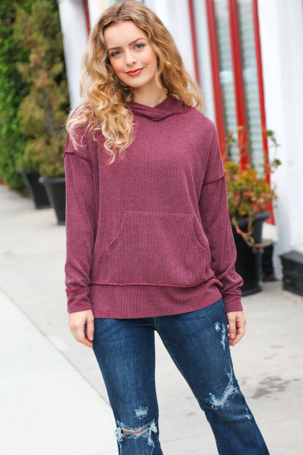 A New Day Burgundy Mineral Wash Rib Knit Hoodie (Open Pack) - Image 6