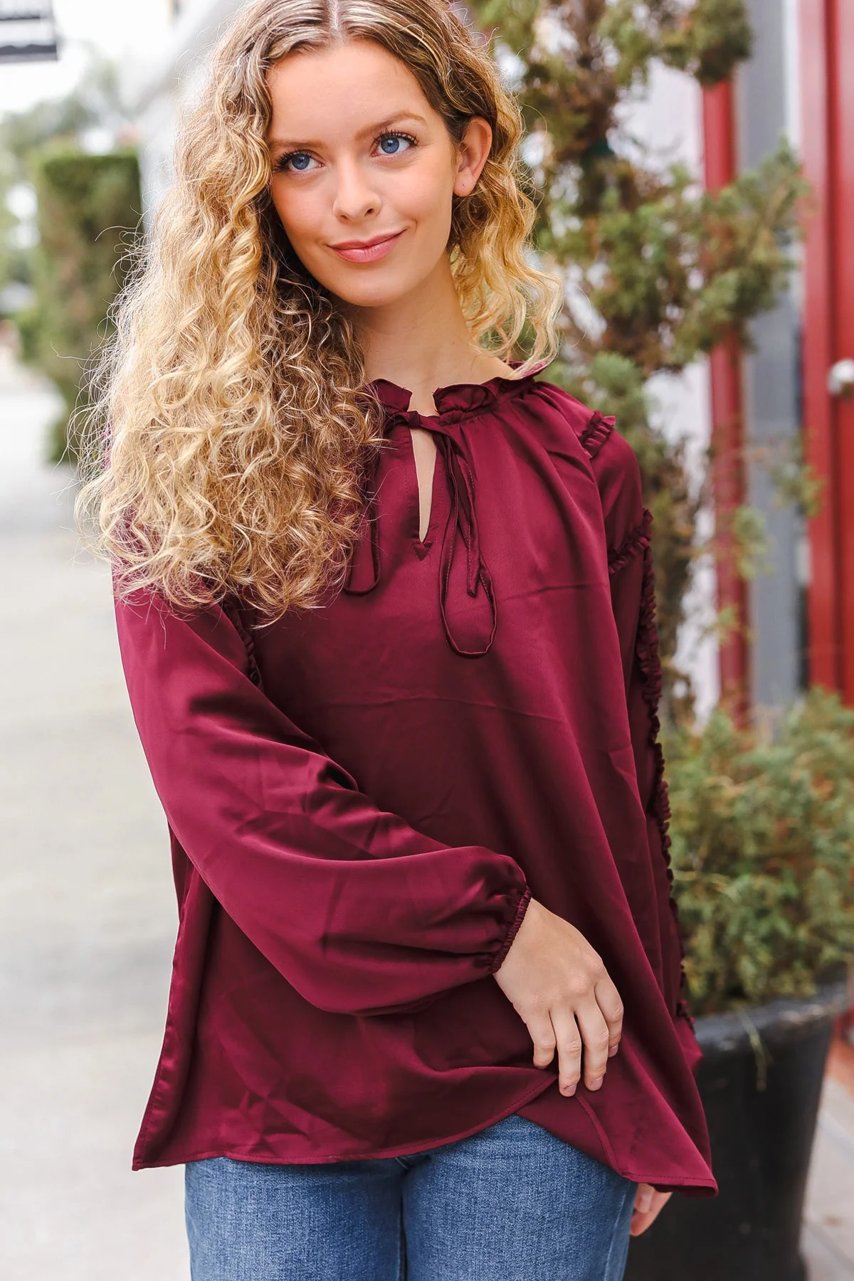 Holiday Vibes Burgundy Frill Detail Tie Neck Satin Top (Open Pack) - Image 18