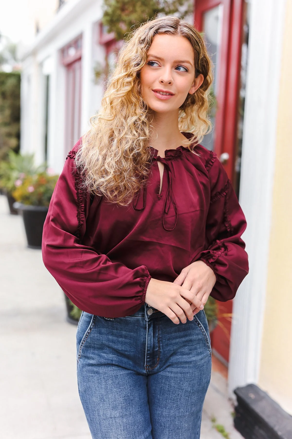 Holiday Vibes Burgundy Frill Detail Tie Neck Satin Top (Open Pack) - Image 19