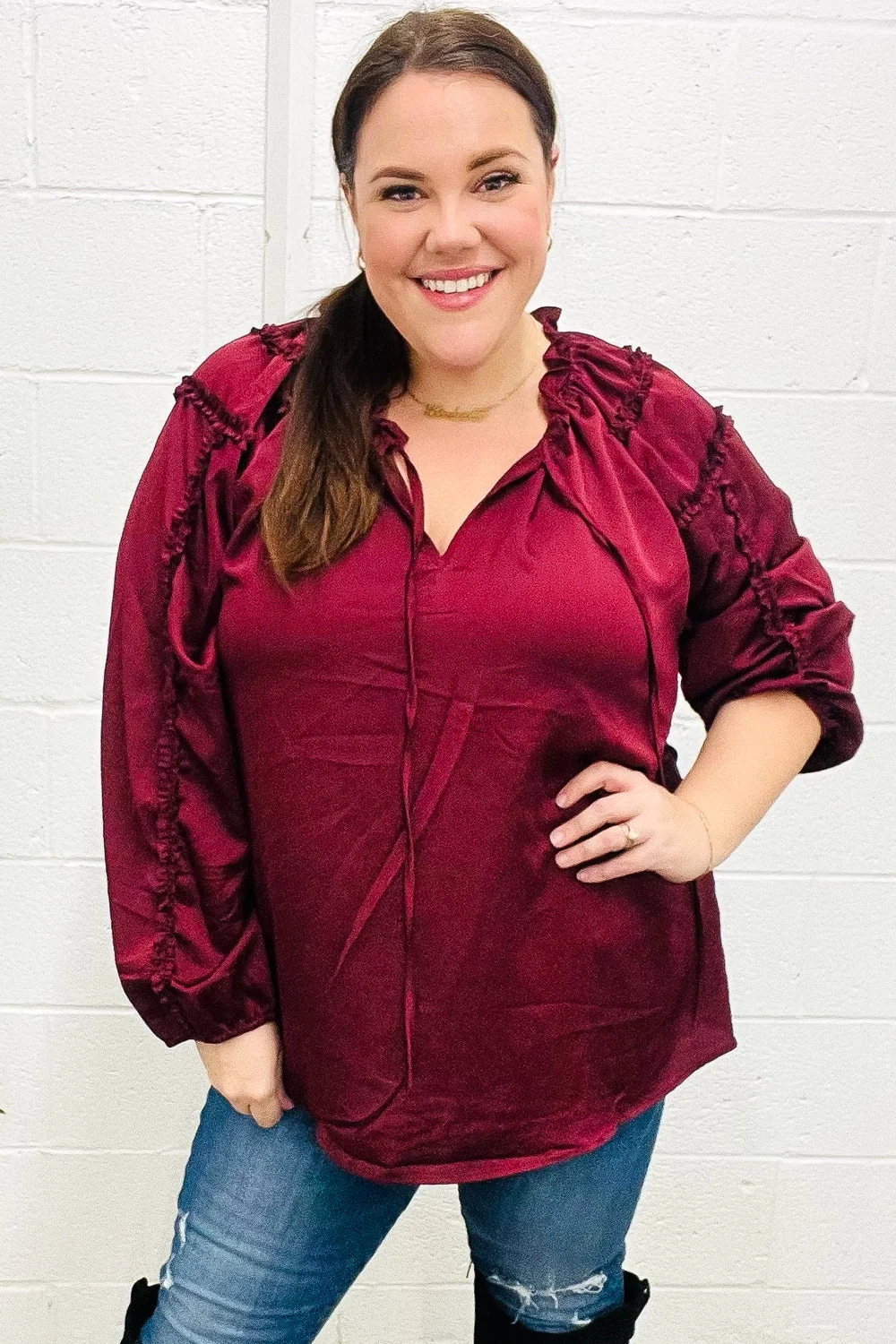 Holiday Vibes Burgundy Frill Detail Tie Neck Satin Top (Open Pack) - Image 4