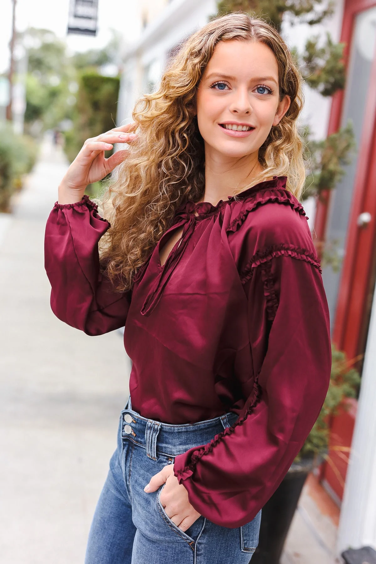 Holiday Vibes Burgundy Frill Detail Tie Neck Satin Top (Open Pack) - Image 8