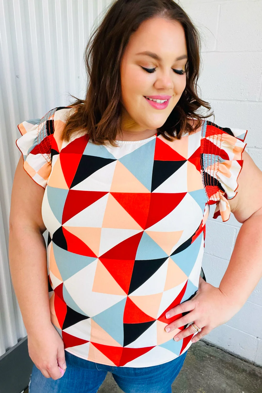 Burnt Orange Geo Print Smocked Ruffle Frill Sleeve Top (Open Pack) - Image 10