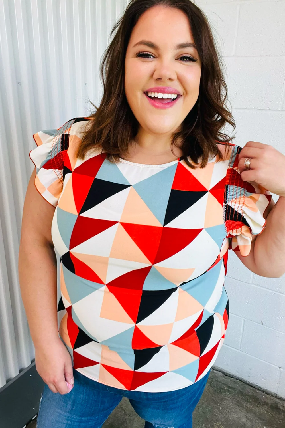 Burnt Orange Geo Print Smocked Ruffle Frill Sleeve Top (Open Pack) - Image 11