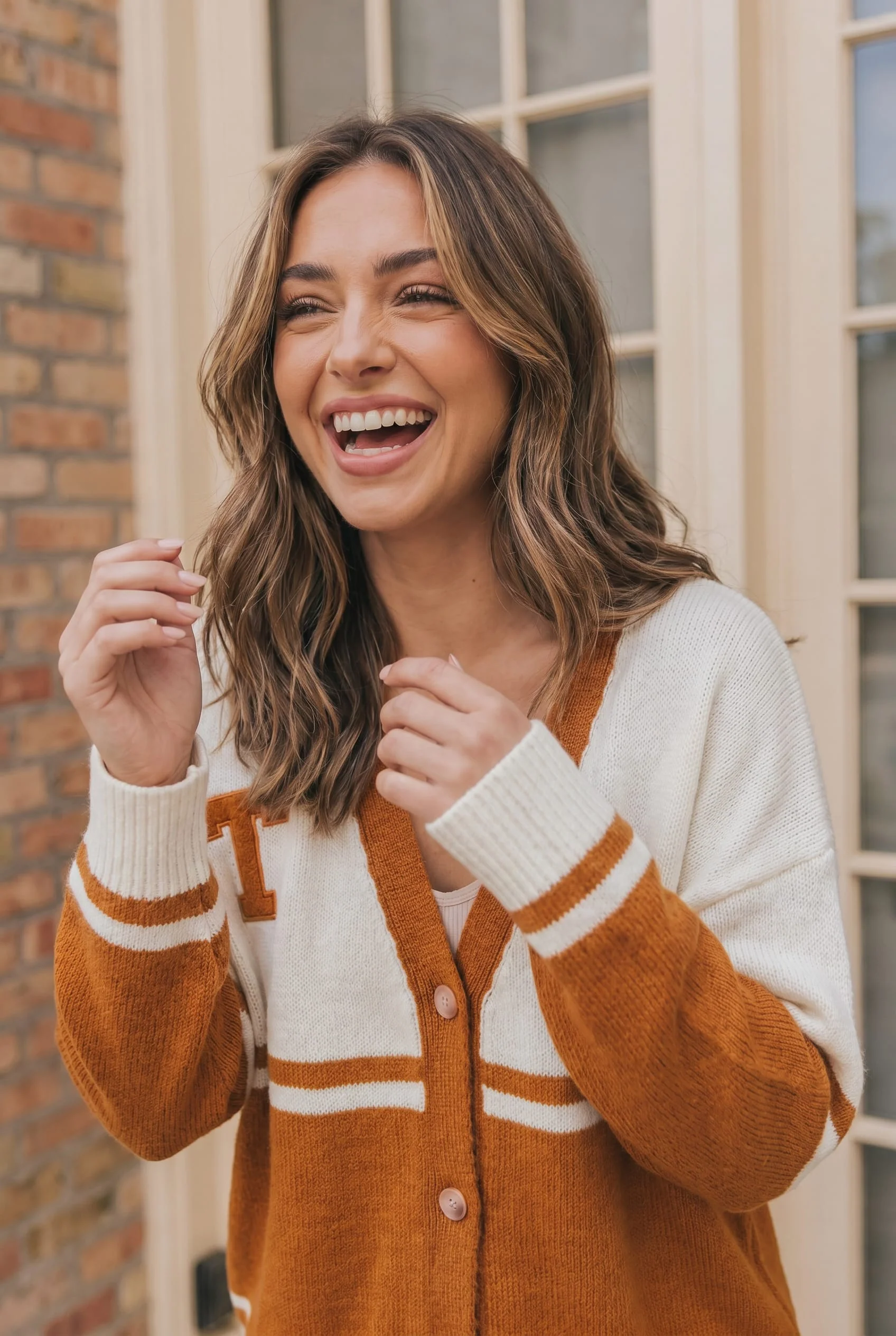 BURNT ORANGE V NECK BUTTON DOWN POP UP LETTER PATCH SWEATER - Image 3