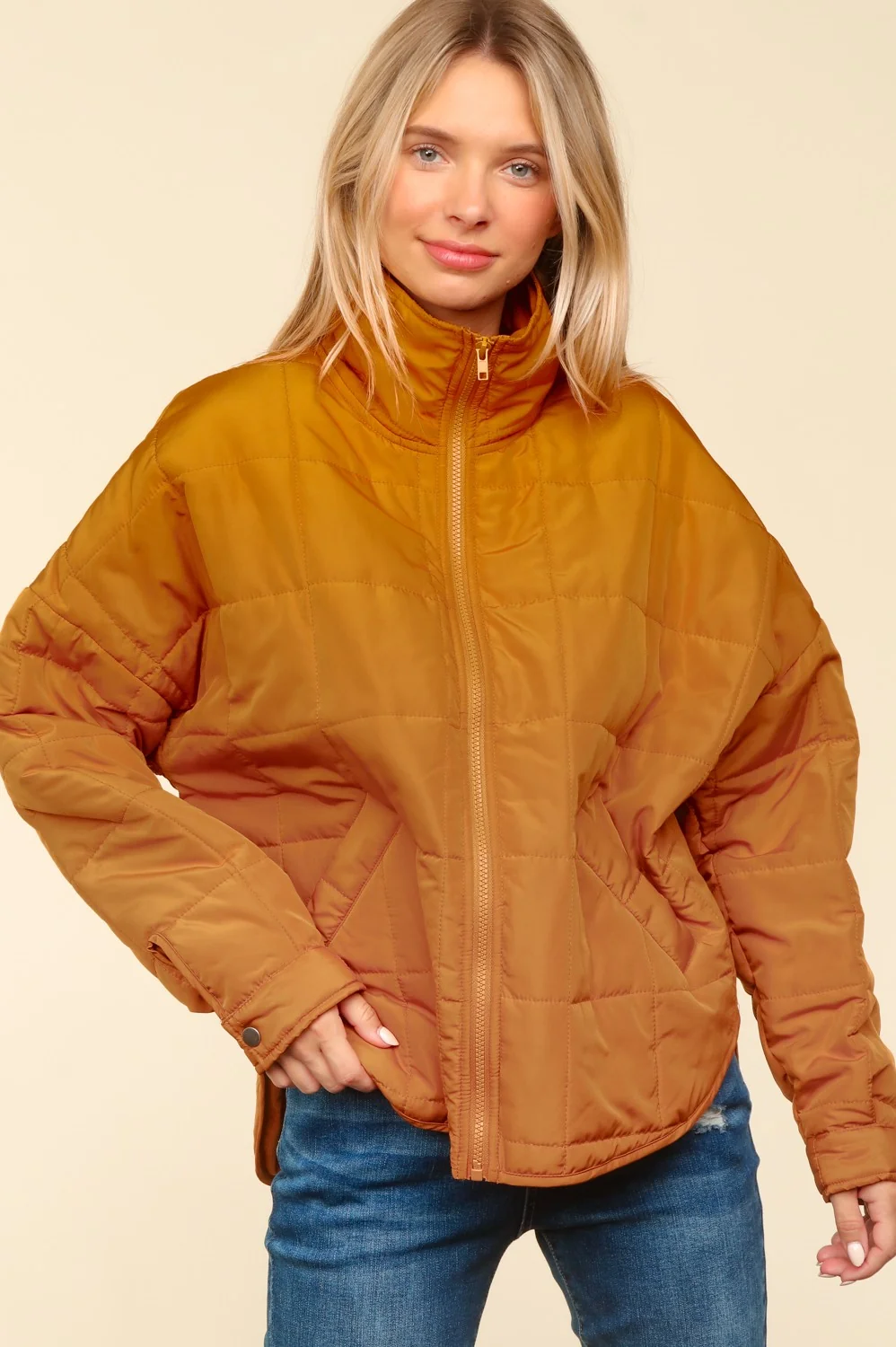 BUTTERSCOTCH HIGH NECK ZIPPER UP PUFFER JACKET WITH POCKET - Image 3