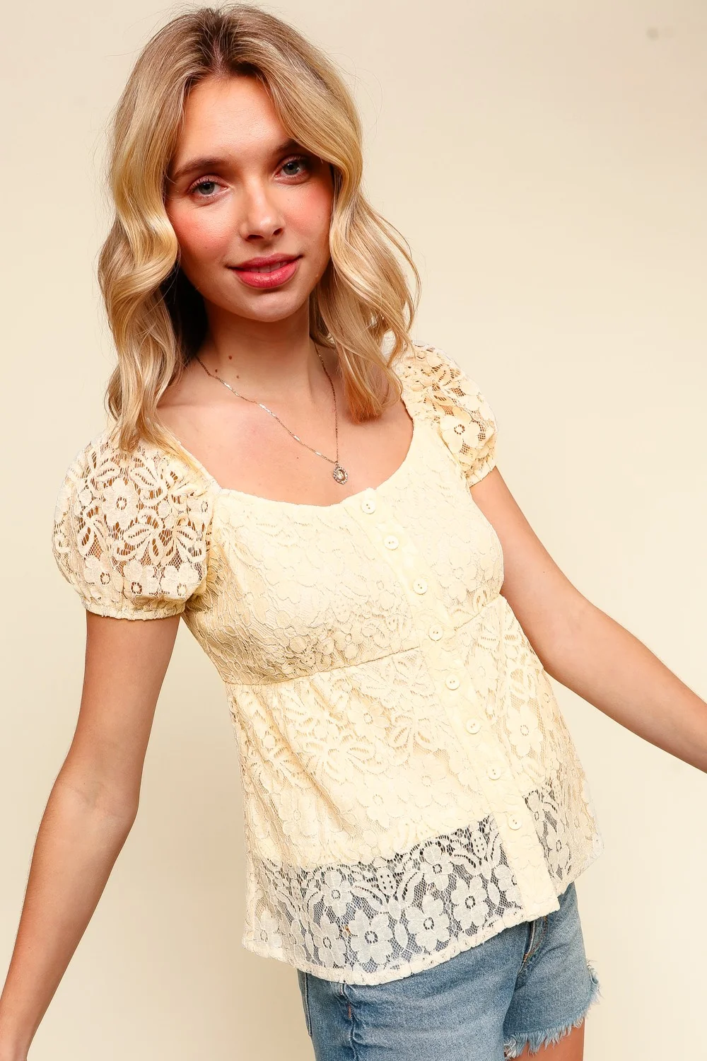 BUTTON DOWN FLORAL LACE BABYDOLL TOP - Image 3