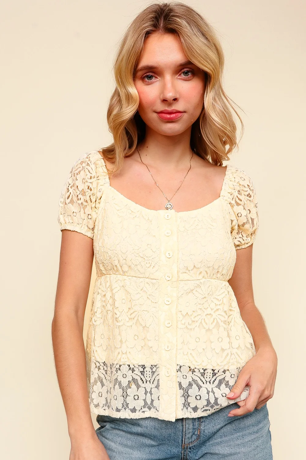 BUTTON DOWN FLORAL LACE BABYDOLL TOP - Image 4