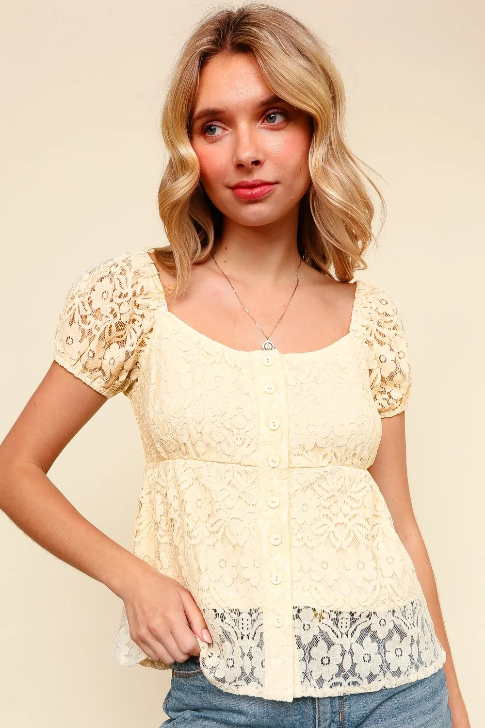 BUTTON DOWN FLORAL LACE BABYDOLL TOP - Image 5