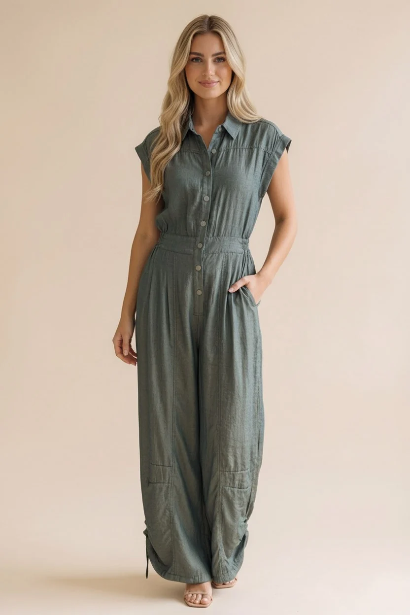BUTTON DOWN PINTUCK SMOCKED CHAMBRAY JUMPSUIT - Image 5