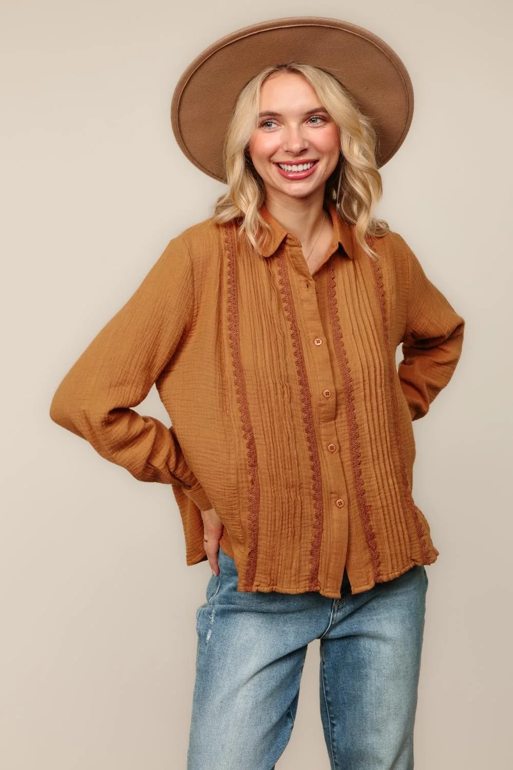 CAMEL BUTTON UP SHIRT W/ PIN TUCK AND LACE DETAIL - Image 2