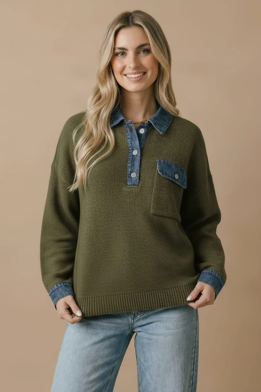 Knit Sweater with Denim Collar and Cuffs - Image 6