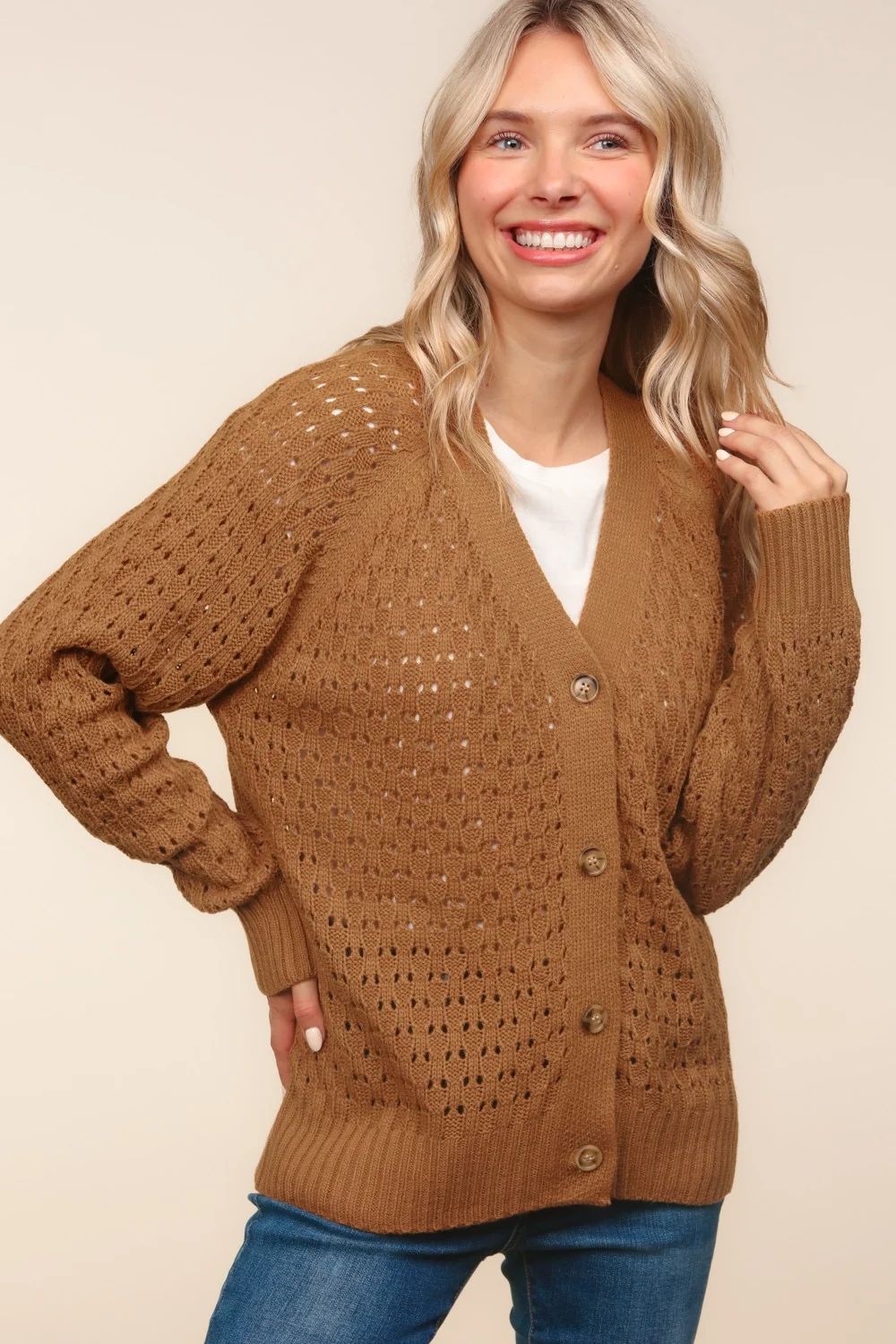 Camel V Neck Button Down Raglan Pointelle Sweater Cardigan - Image 3