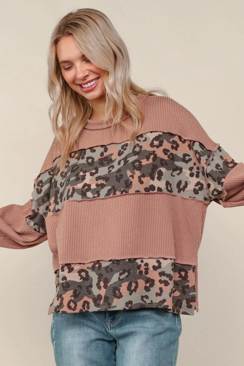 Camouflage/Leopard Print Knit Pullover - Image 4