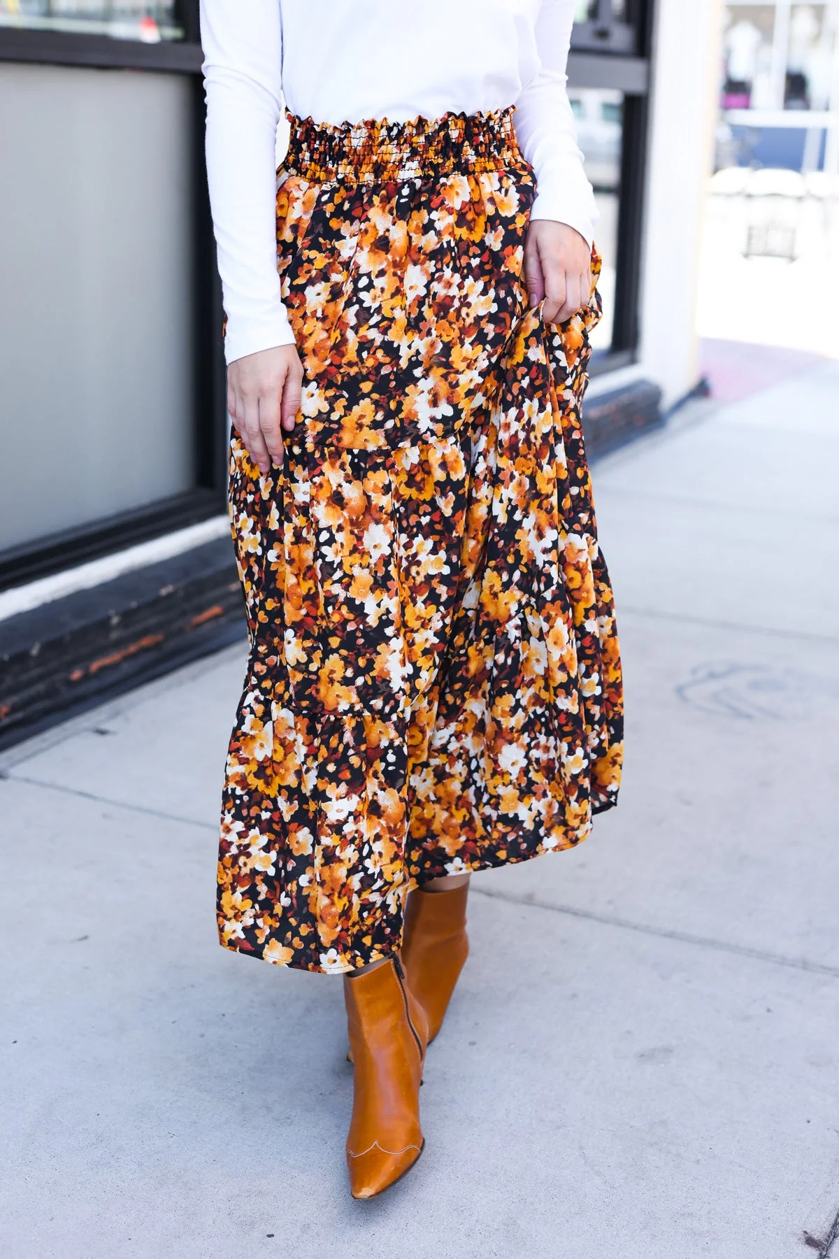 PLUS Casual Living Black Floral Tiered Smocked Waist Midi Skirt