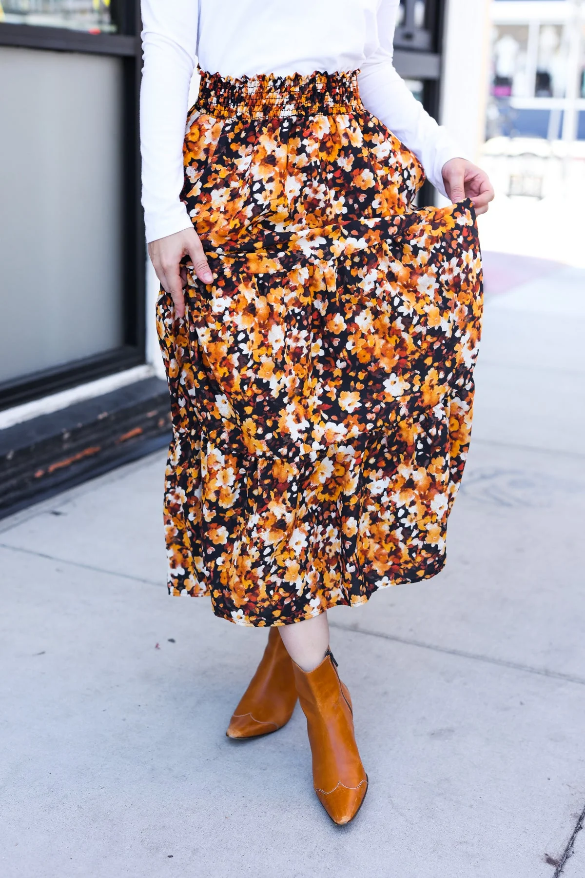 PLUS Casual Living Black Floral Tiered Smocked Waist Midi Skirt - Image 10