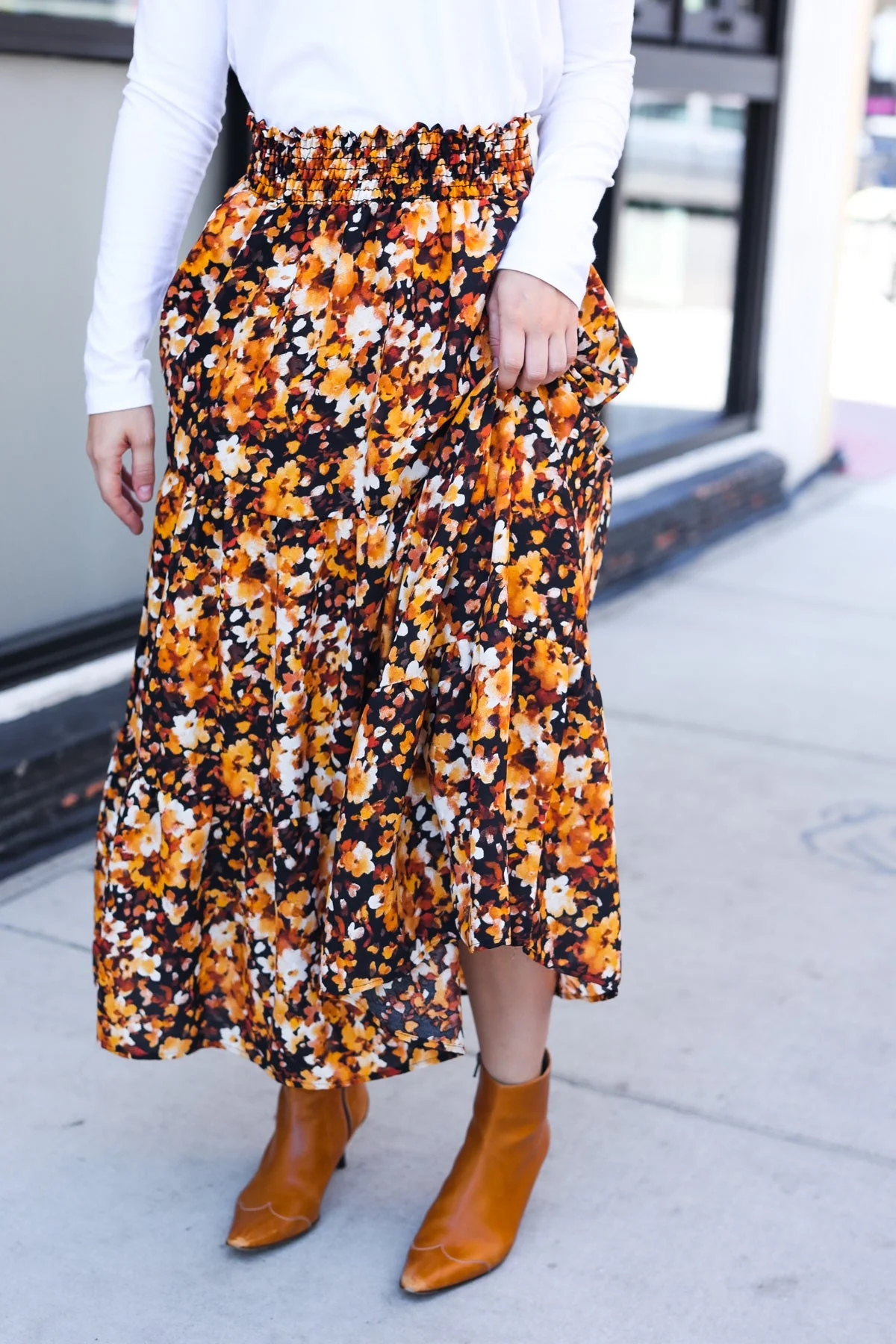 PLUS Casual Living Black Floral Tiered Smocked Waist Midi Skirt - Image 12