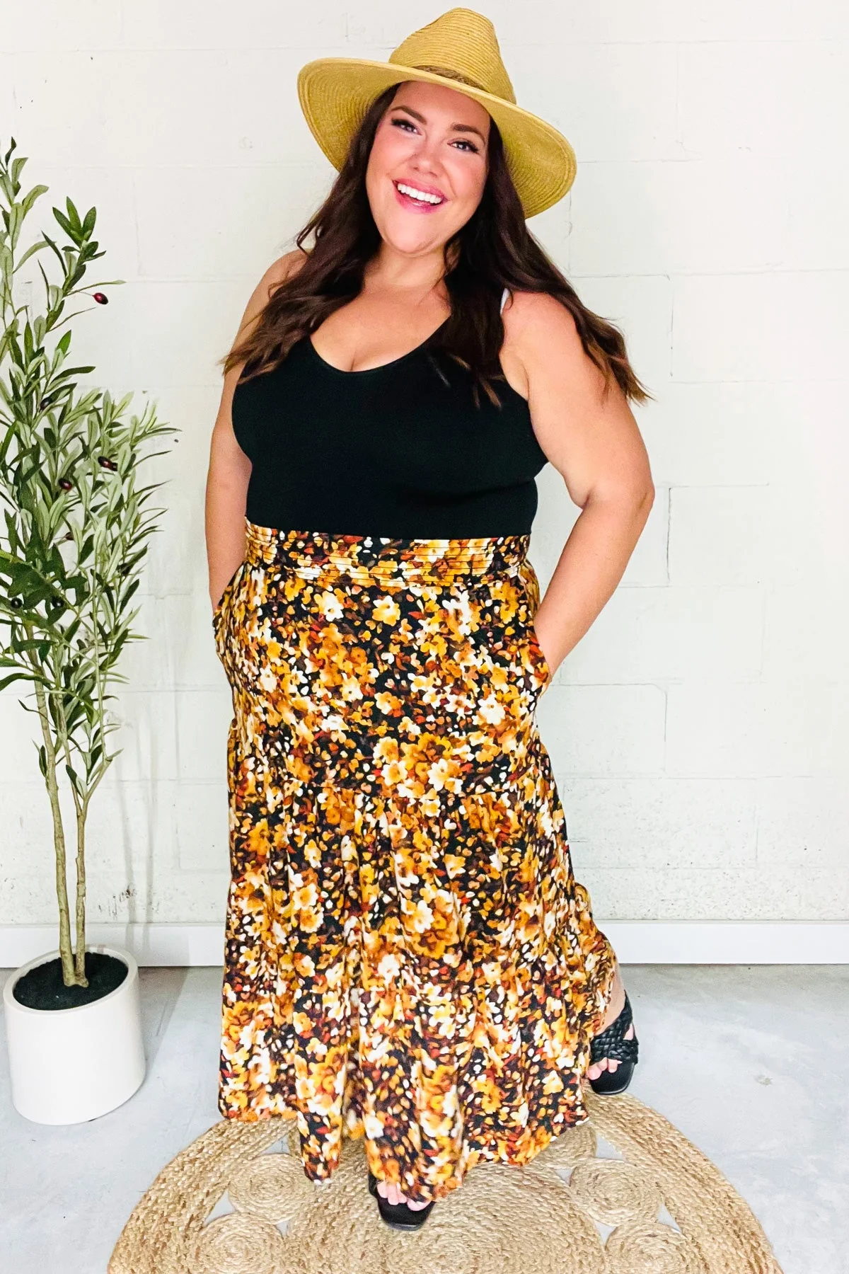PLUS Casual Living Black Floral Tiered Smocked Waist Midi Skirt - Image 13