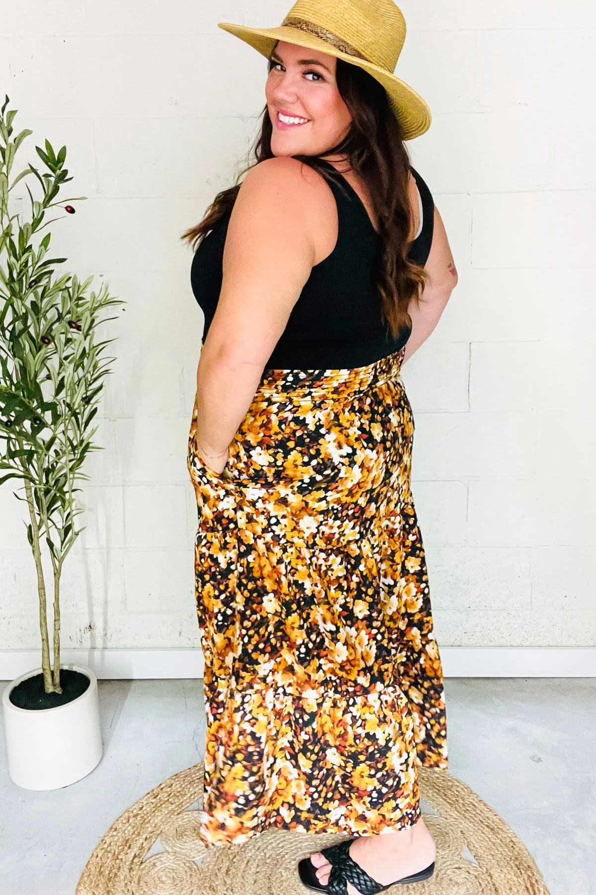 PLUS Casual Living Black Floral Tiered Smocked Waist Midi Skirt - Image 14