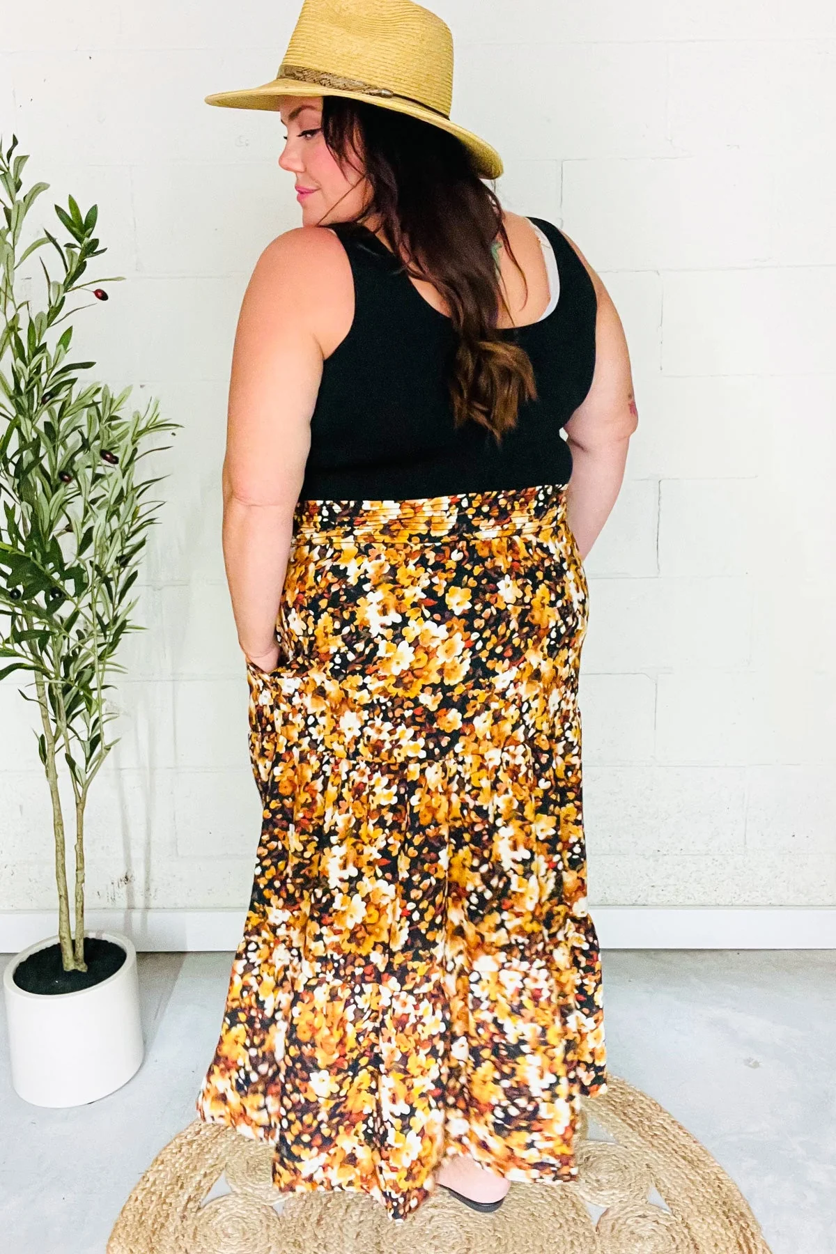 PLUS Casual Living Black Floral Tiered Smocked Waist Midi Skirt - Image 15