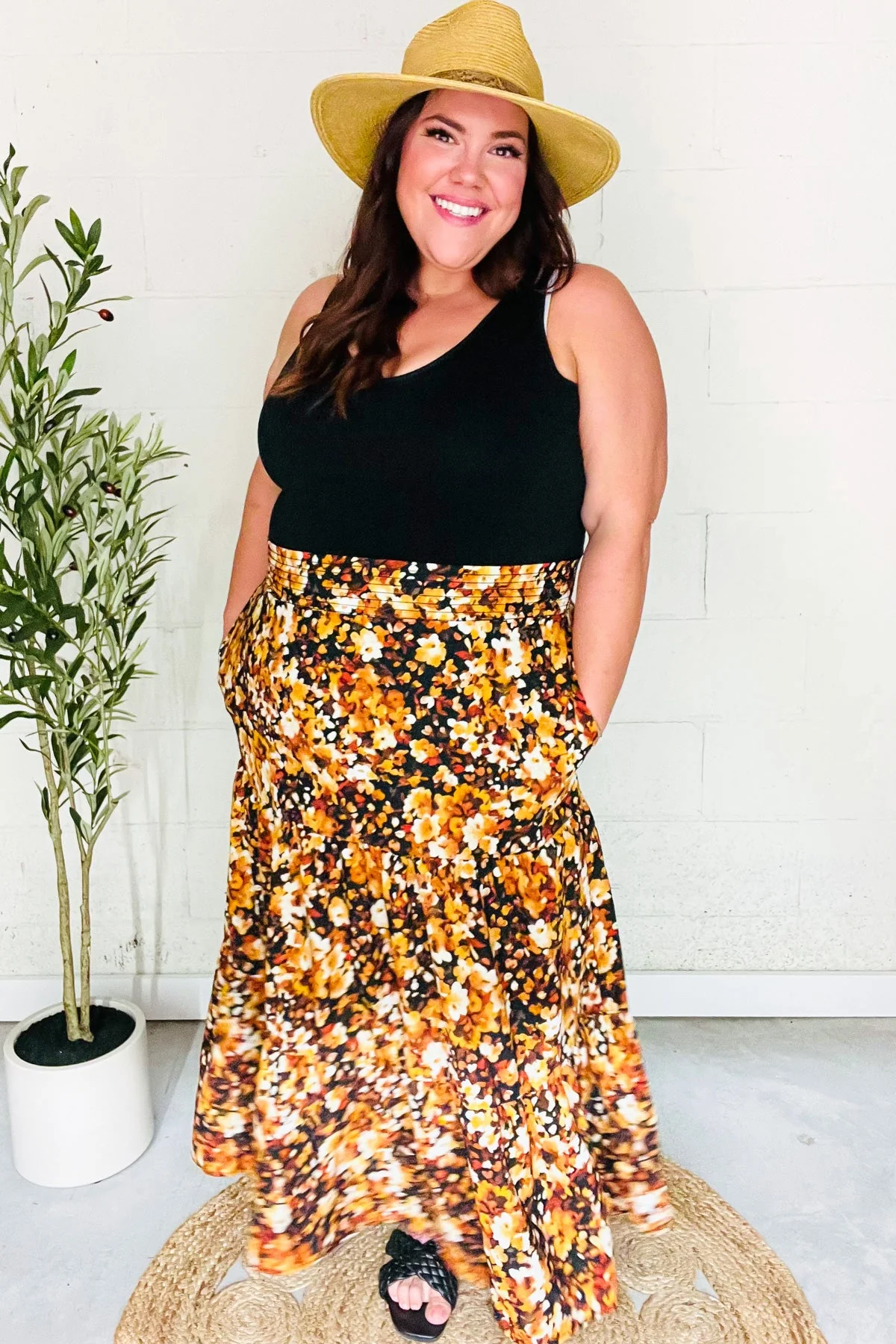 PLUS Casual Living Black Floral Tiered Smocked Waist Midi Skirt - Image 16