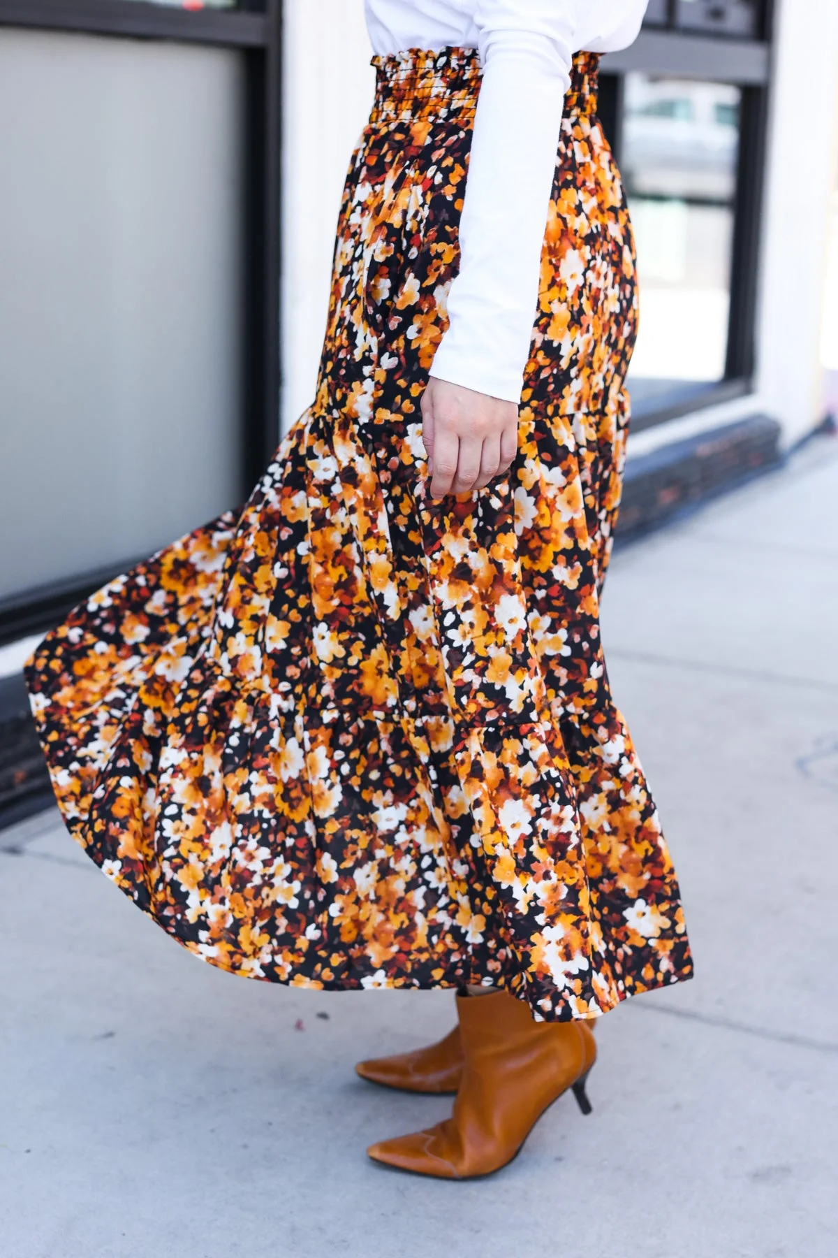 PLUS Casual Living Black Floral Tiered Smocked Waist Midi Skirt - Image 6