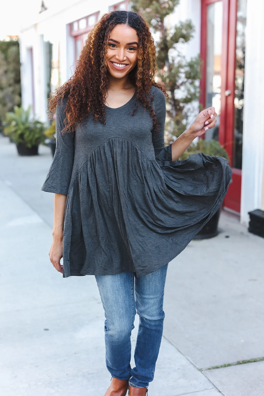 Charcoal Bell Sleeve Babydoll Top
