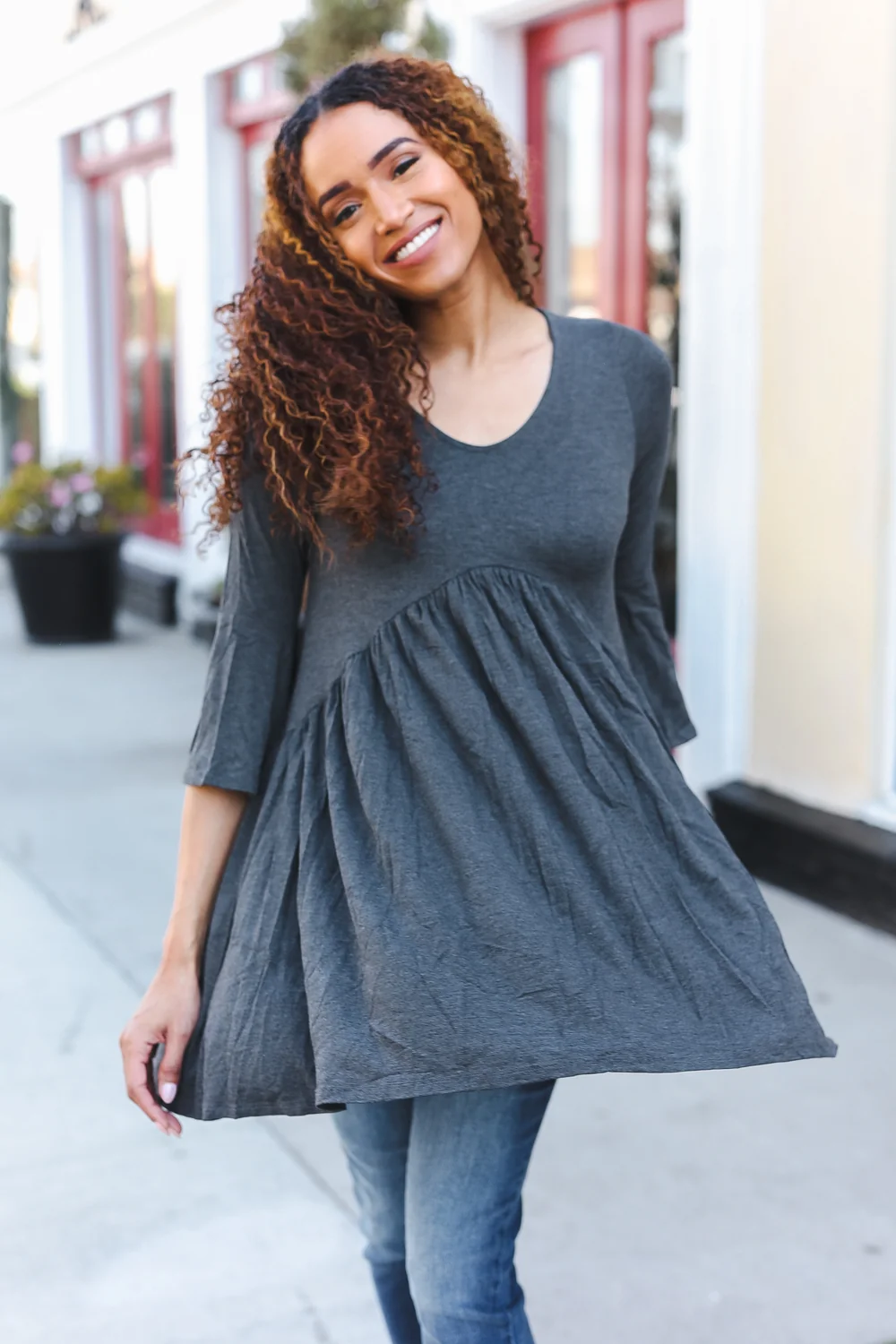 Charcoal Bell Sleeve Babydoll Top - Image 2