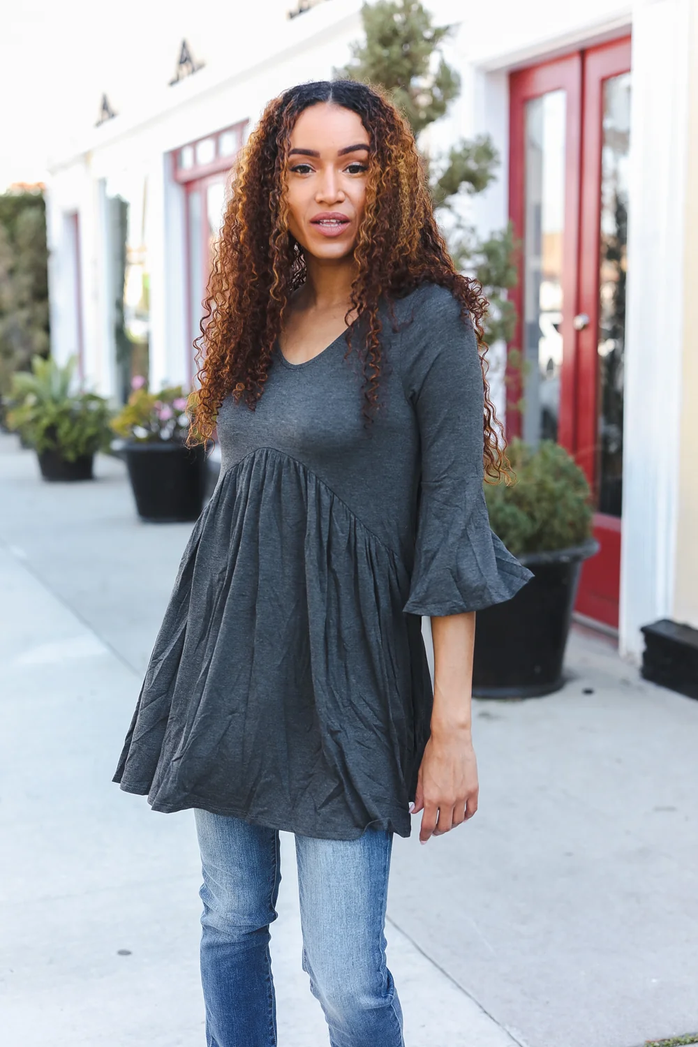 Charcoal Bell Sleeve Babydoll Top - Image 4