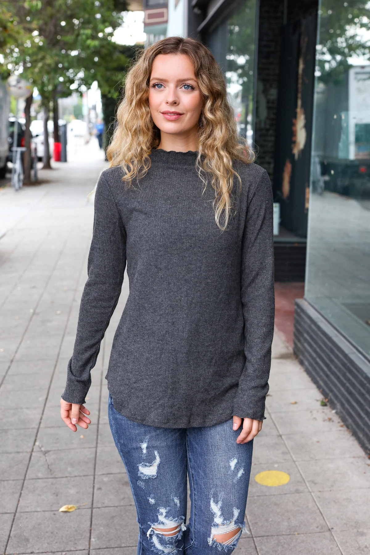 Charcoal Brushed Ribbed Top - Image 3