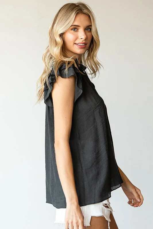CHARCOAL LIGHT WEIGHT RUFFLE SLEEVE TOP - Image 6