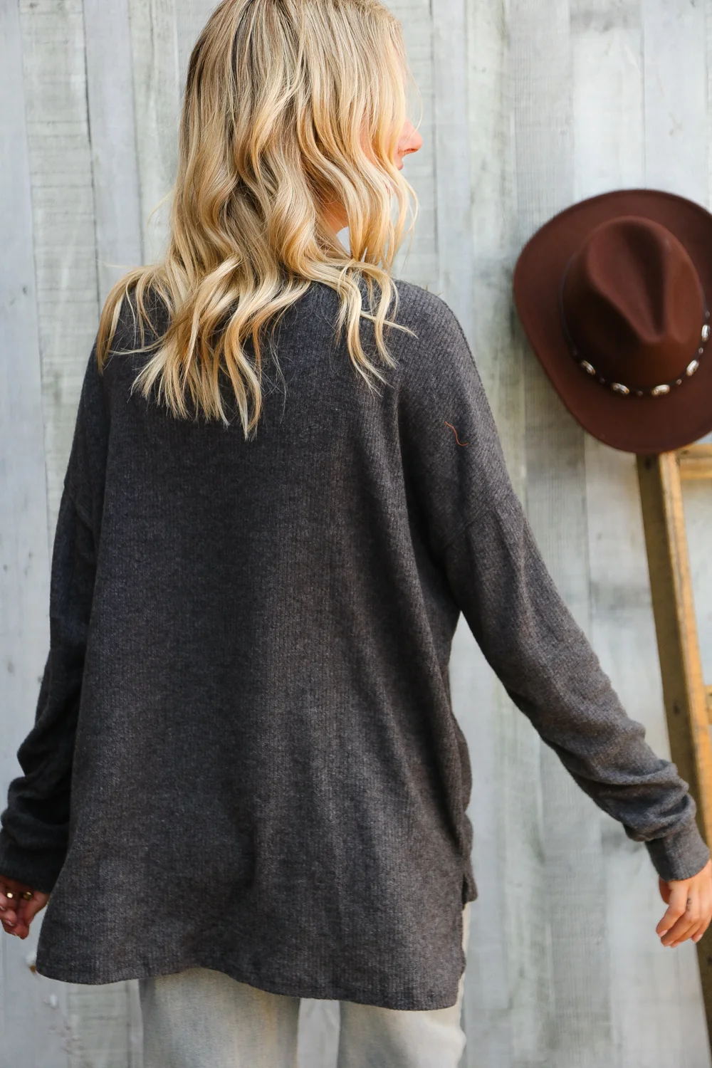 Charcoal Ribbed Button Henley Top - Image 7
