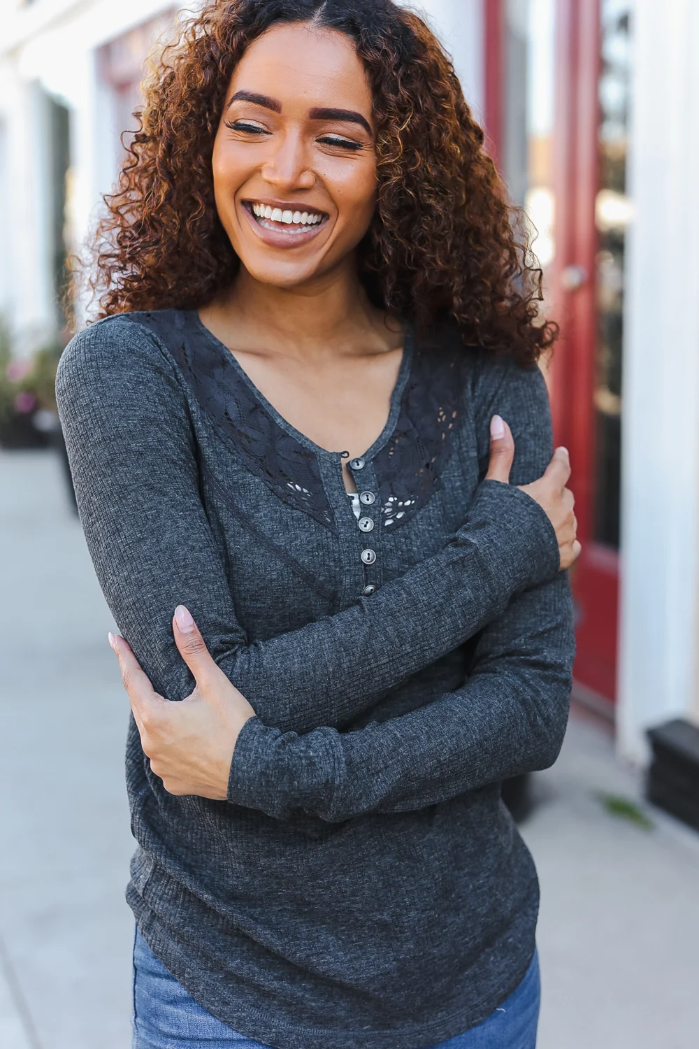 Charcoal Ribbed Crochet Henley Top - Image 4