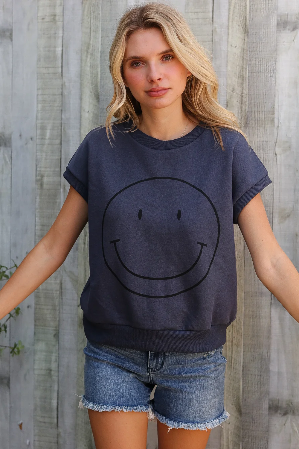 Charcoal Smiley Face French Terry Sleeveless Sweater Top - Image 2