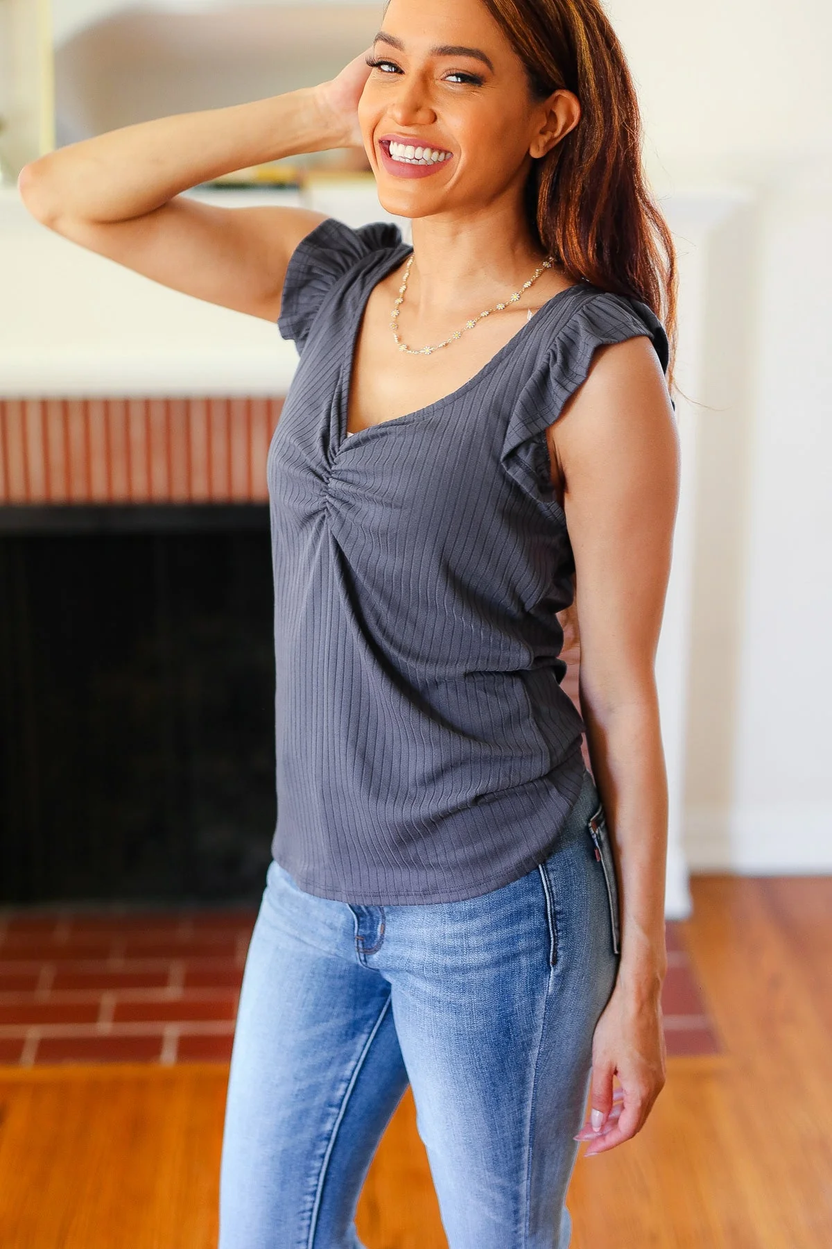 Sunny Days Charcoal Neckline Ribbed Top (Open Pack) - Image 6