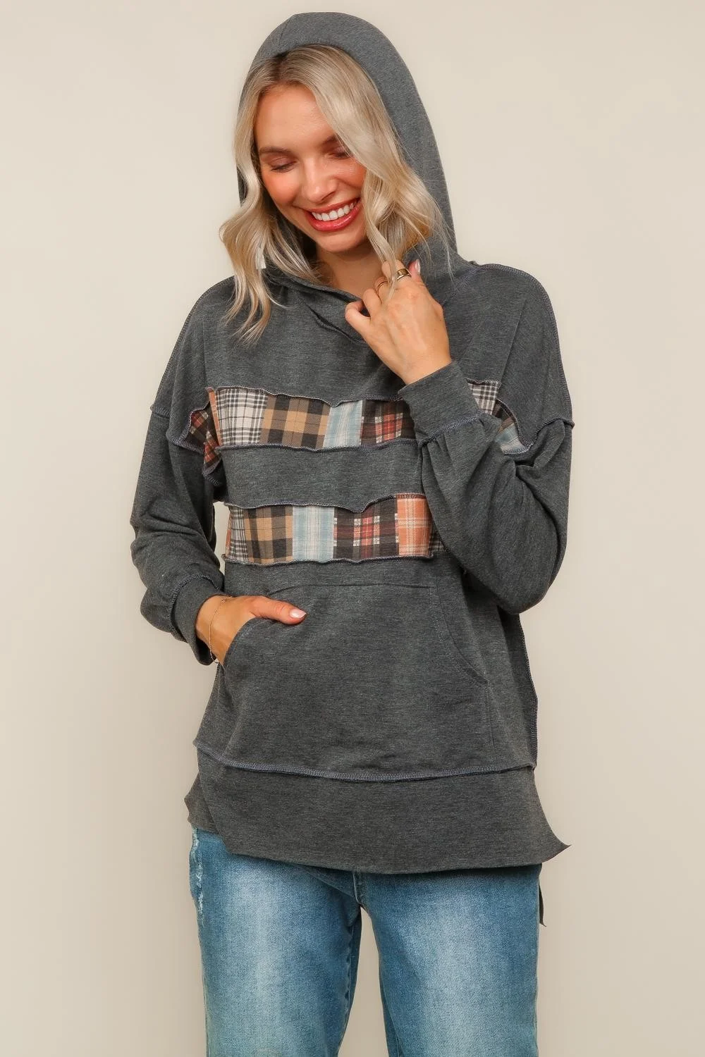 Charcoal Wide Neck Pullover Sweater Top w/Hoodie - Image 2