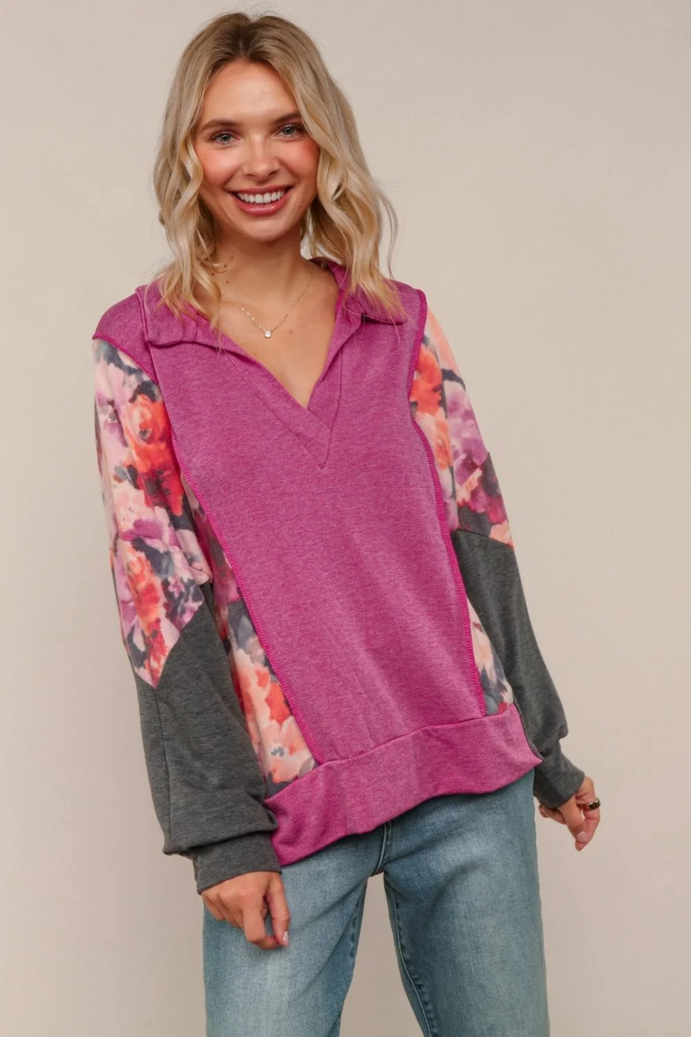 PLUS COLLARED V NECK FLORAL PULLOVER KNIT TOP - Image 6