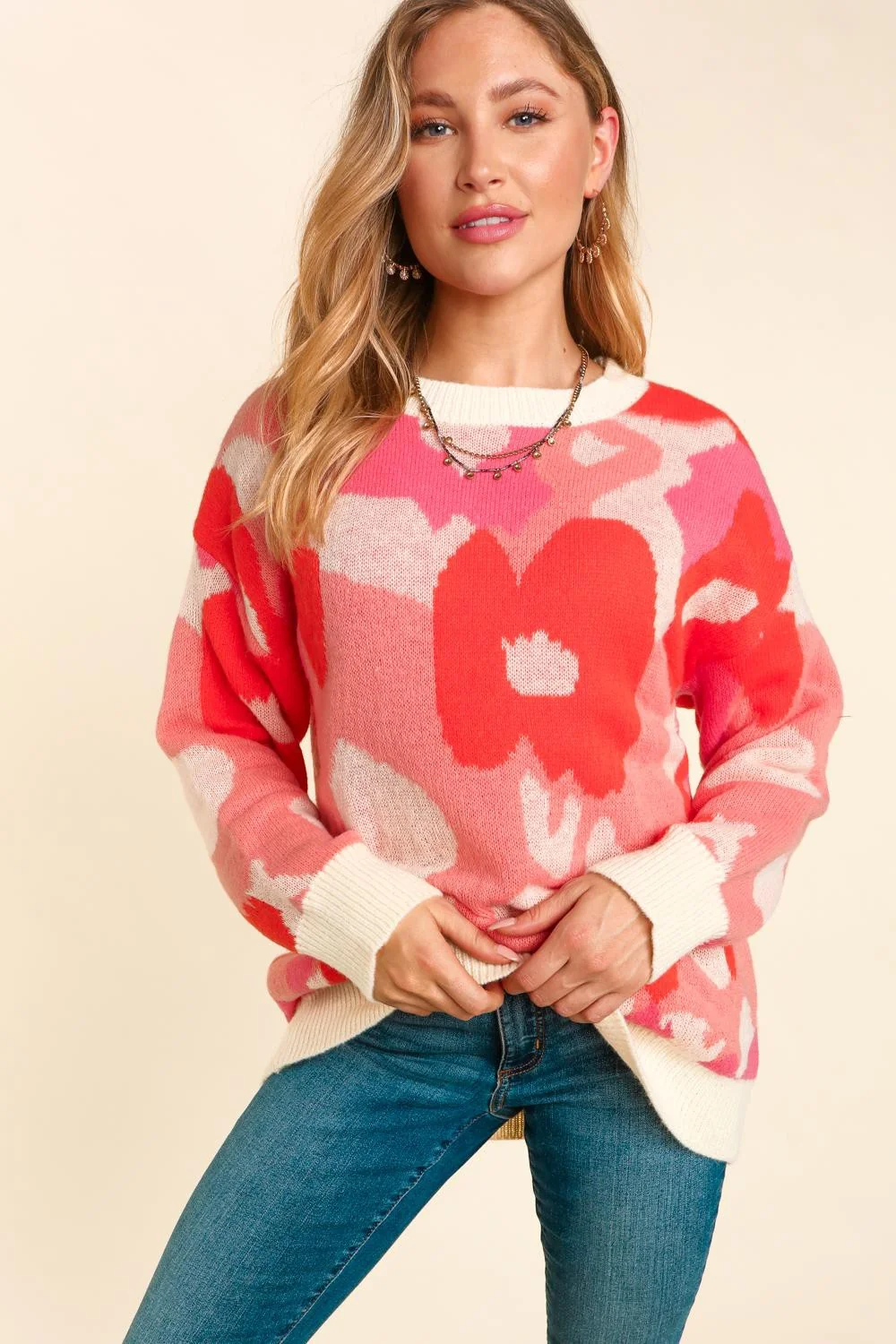 Plus Blush Coral Floral Abstract Soft Pullover Sweater Top - Image 3