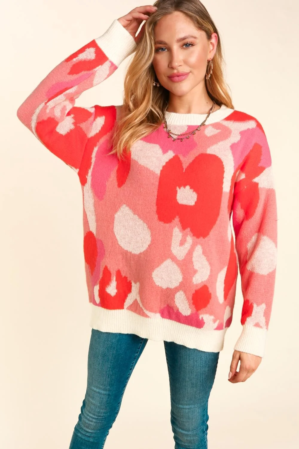 Plus Blush Coral Floral Abstract Soft Pullover Sweater Top - Image 4