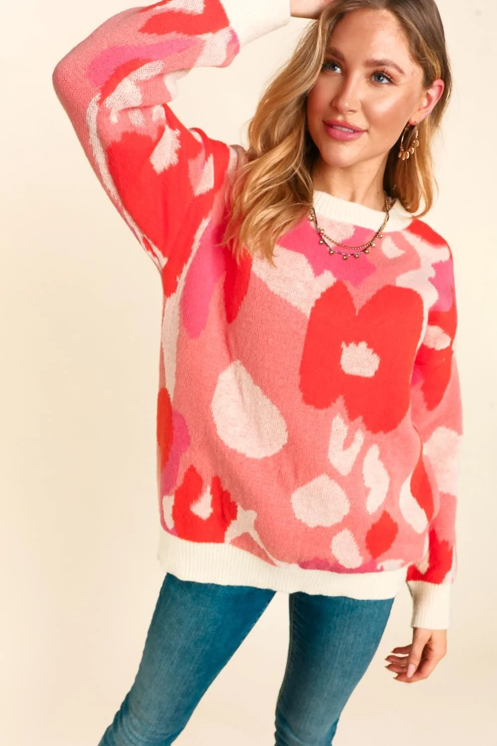 Plus Blush Coral Floral Abstract Soft Pullover Sweater Top - Image 8
