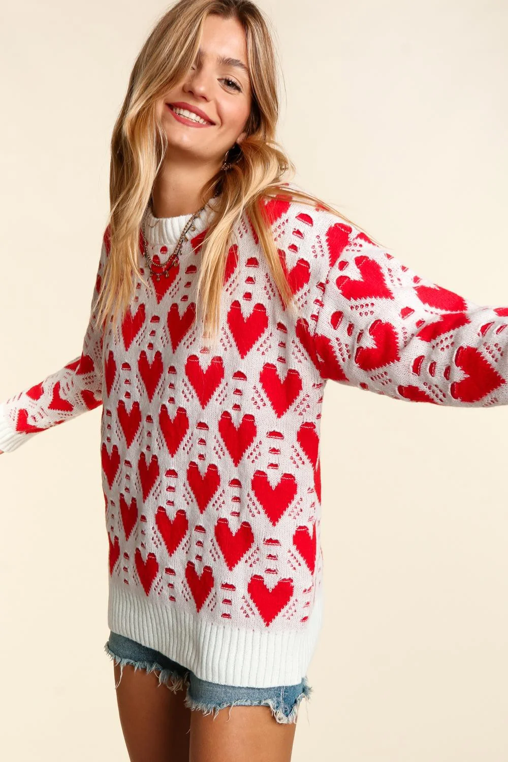 Plus Ivory Red Oversized Heart Pullover Sweater Top - Image 5