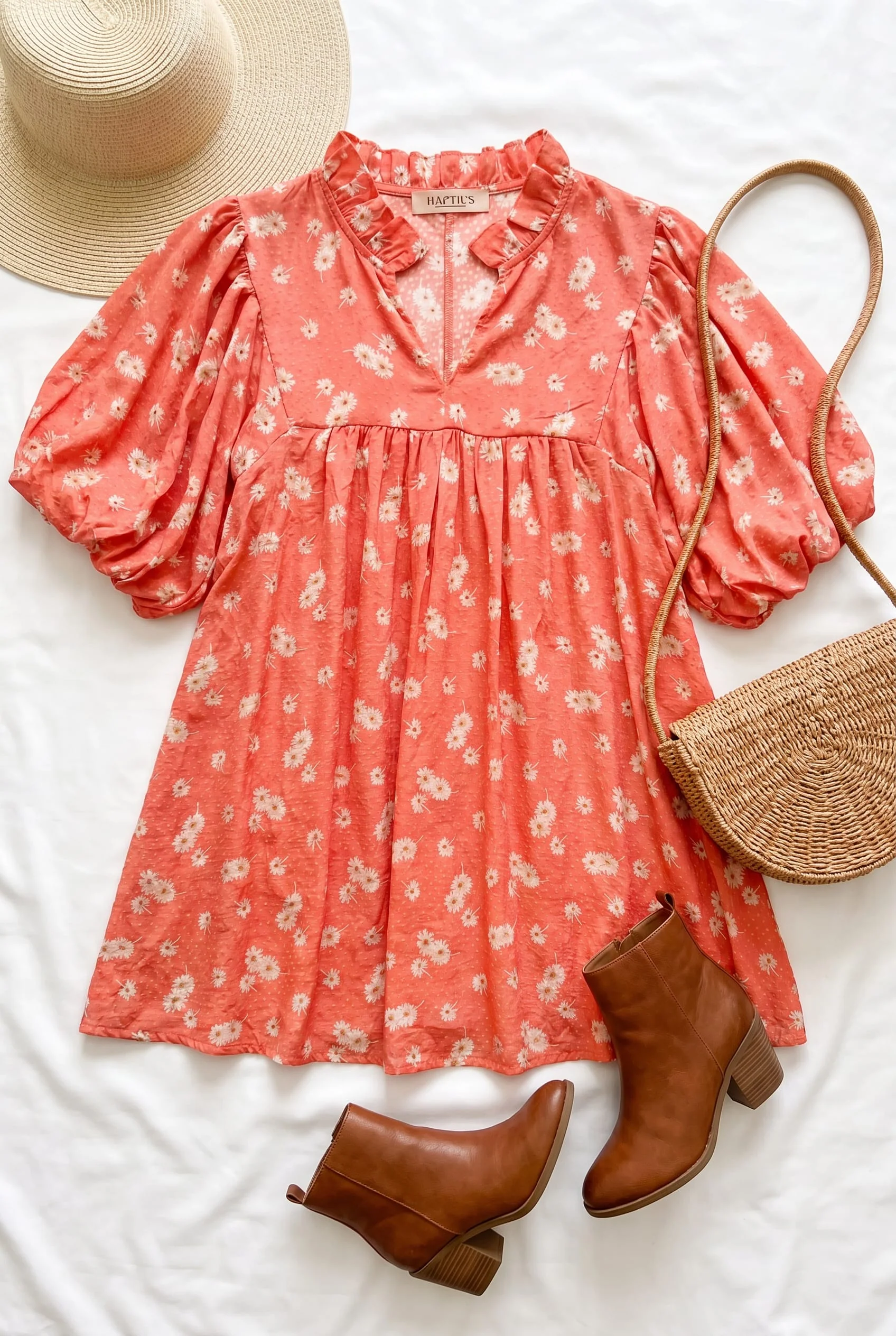 Coral Daisy Floral Ruffle V Neck Babydoll Top