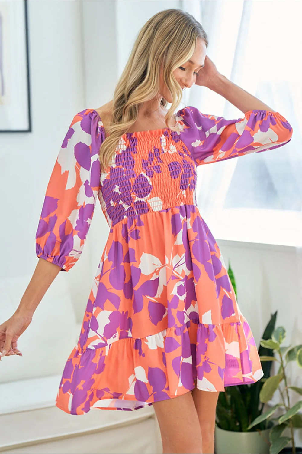 Coral Floral Babydoll Smocked Dress - Image 2