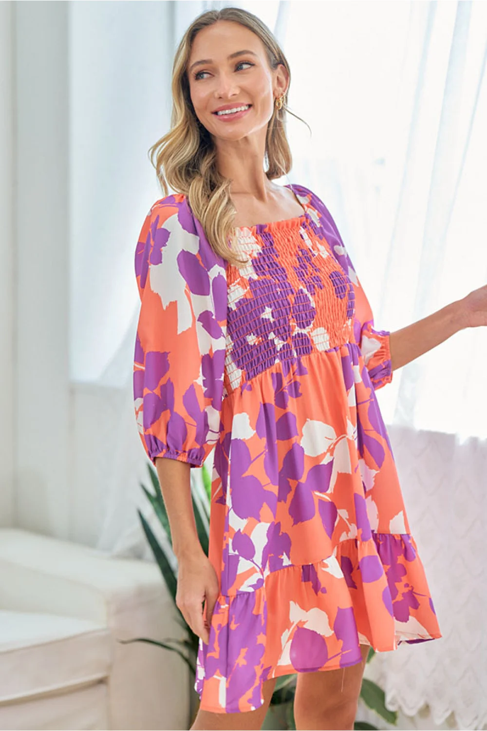 Coral Floral Babydoll Smocked Dress - Image 5