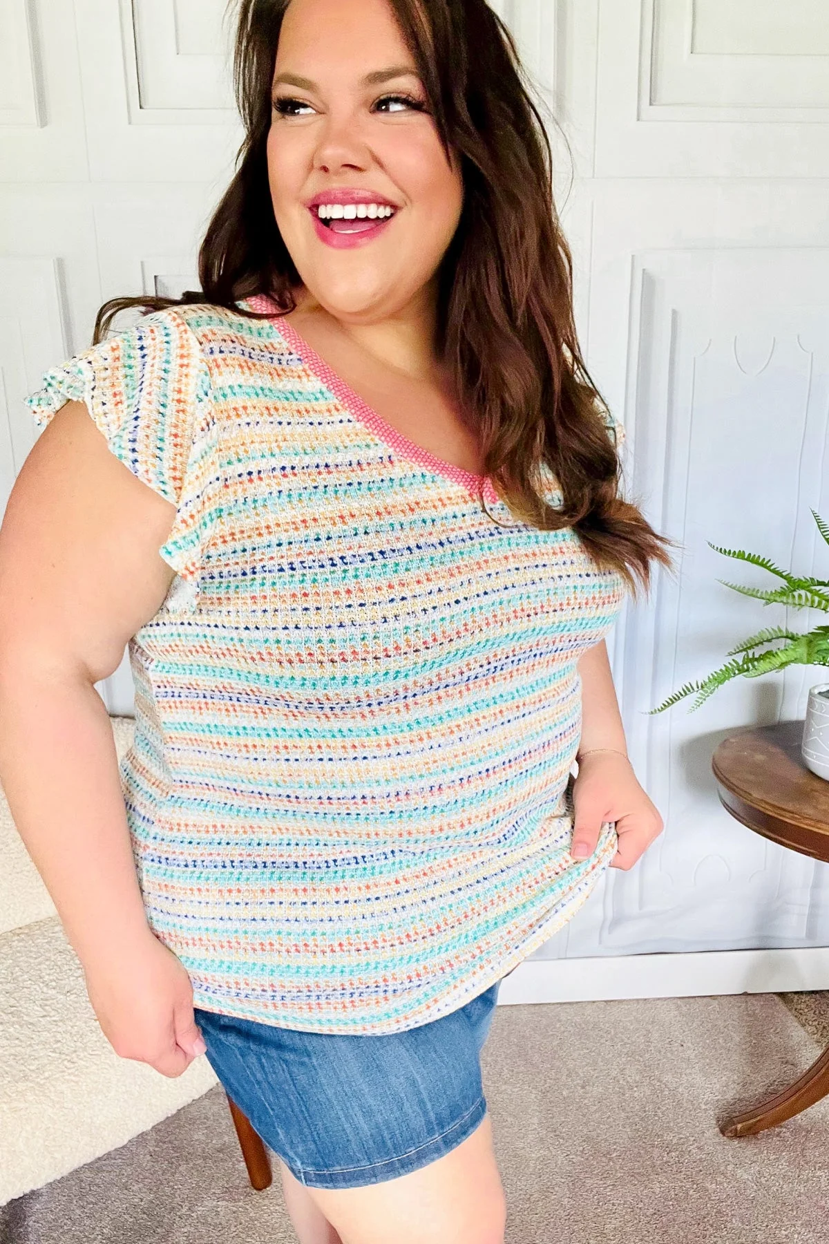 Sunny Days Coral Two Tone Striped Textured Knit V Neck Top (Open Pack) - Image 8