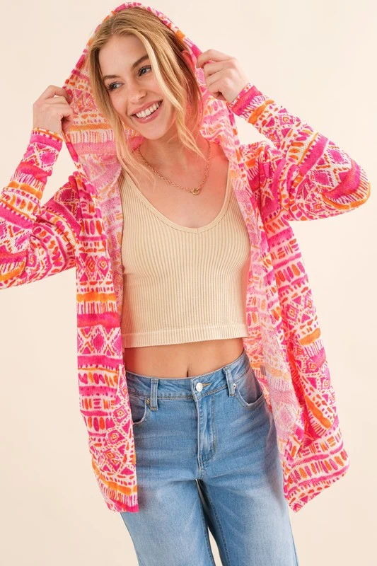 Plus Coral Multi Printed Thermal Hoodie Casual Cardigan - Image 2