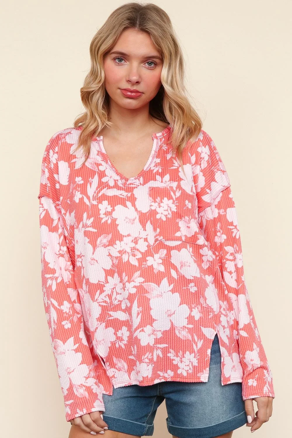 Coral Notch Neck Long Sleeve Floral Print Knit Top