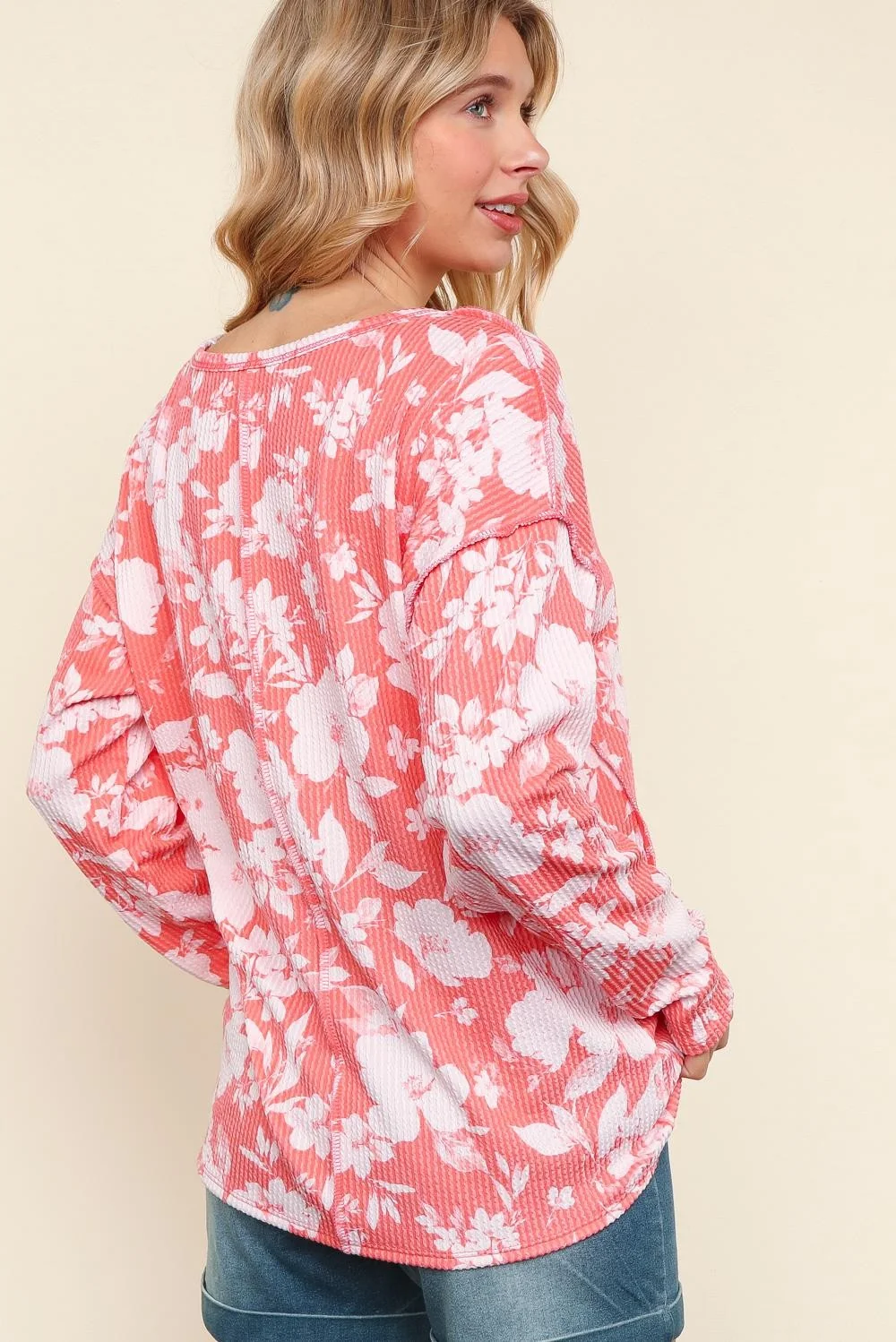 Coral Notch Neck Long Sleeve Floral Print Knit Top - Image 4